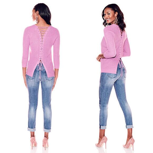 Soho Sweaters - Soho New York & Company Lace Up Back Sweater 3/4 Sleeve Sz S Light Pink